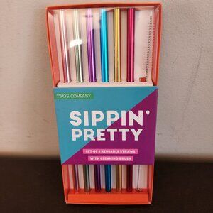 TWO Company Sipper Pretty Reusable Straws W/ Cleaning Brush - NEW